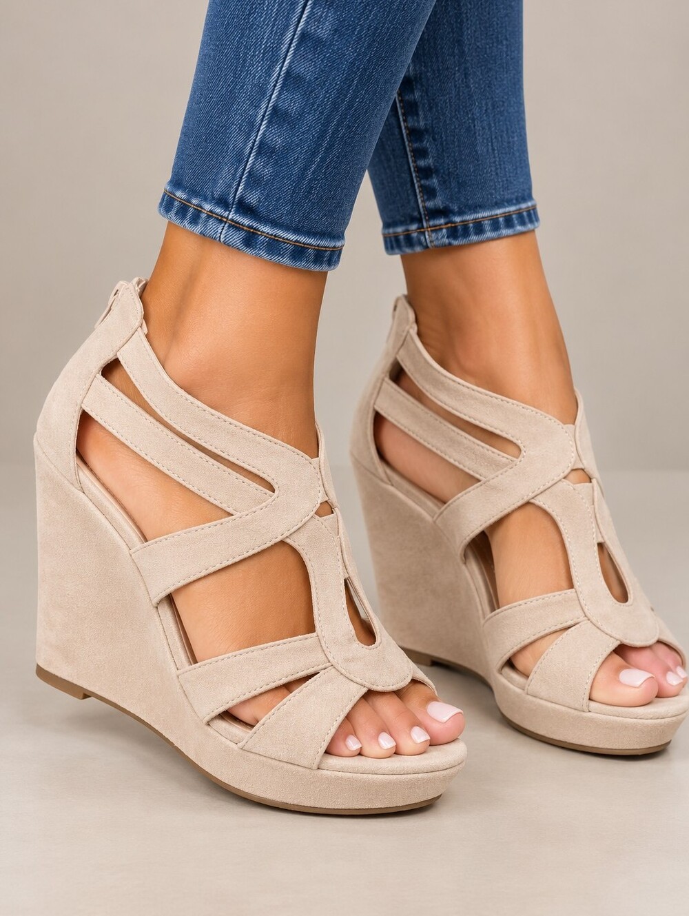 Mila Lady Lisa-4 Nude Faux Suede Wedge Heels - NIB